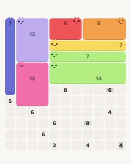 MeowBlock Level 38 after step 8, placing the 14-cell rectangular block at the middle-right area