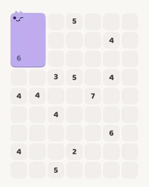MeowBlock Level 39 after step 1, placing the 6-cell rectangular block at the upper-left area