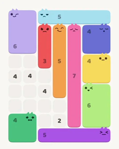 MeowBlock Level 39 after step 10, placing the 4-cell square block at the lower-left area