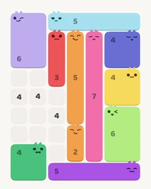 MeowBlock Level 39 after step 11, placing the 2-cell vertical block at the lower center