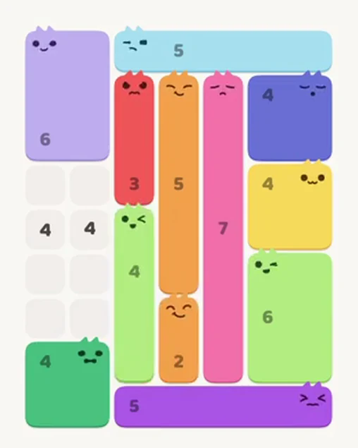 MeowBlock Level 39 after step 12, placing the 4-cell vertical block at the lower center