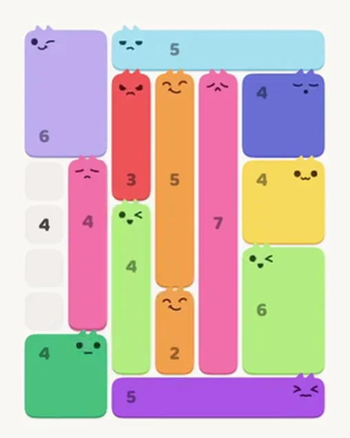 MeowBlock Level 39 after step 13, placing the 4-cell vertical block at the middle-left area