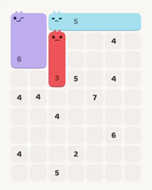 MeowBlock Level 39 after step 3, placing the 3-cell vertical block at the upper center