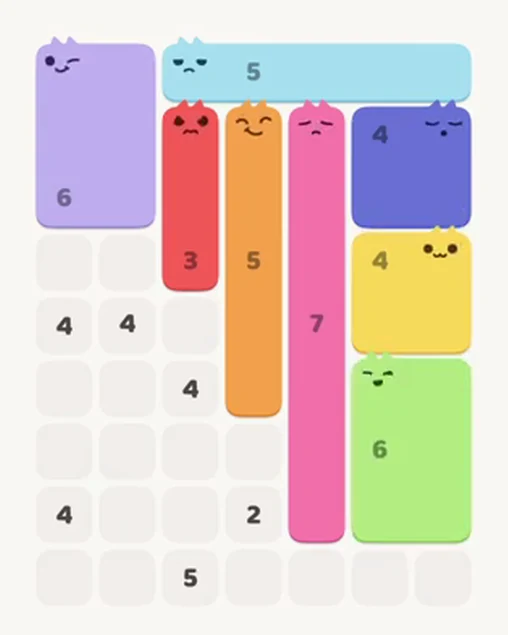 MeowBlock Level 39 after step 8, placing the 6-cell rectangular block at the lower-right area