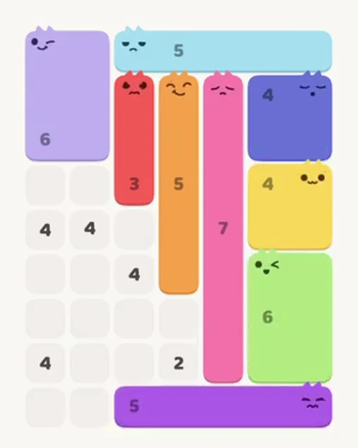 MeowBlock Level 39 after step 9, placing the 5-cell horizontal block at the lower-right area