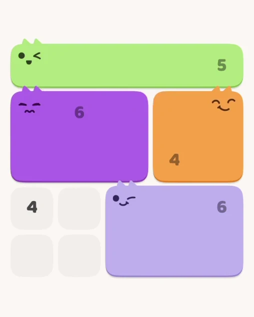 MeowBlock Level 4 after step 4, placing the 6-cell rectangular block at the middle center