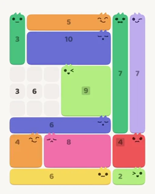 MeowBlock Level 40 after step 12, placing the 4-cell square block at the lower-left area