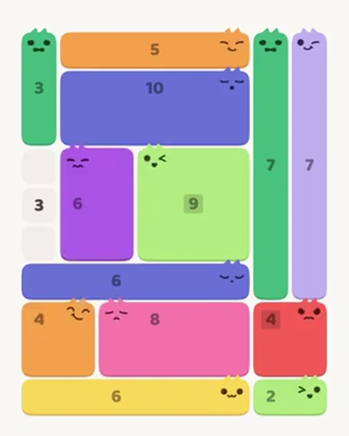 MeowBlock Level 40 after step 13, placing the 6-cell rectangular block at the middle-left area