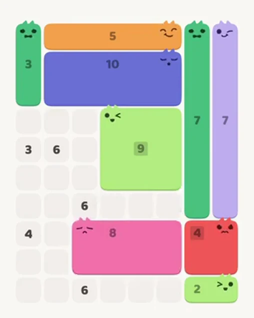 MeowBlock Level 40 after step 9, placing the 8-cell rectangular block at the lower center