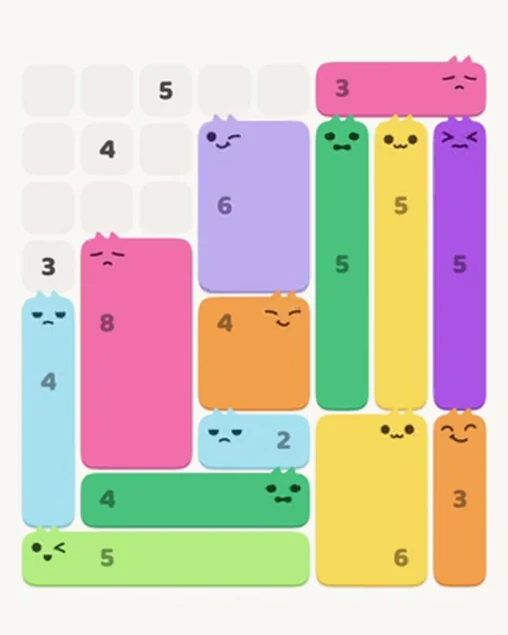 MeowBlock Level 41 after step 13, placing the 6-cell rectangular block at the upper center
