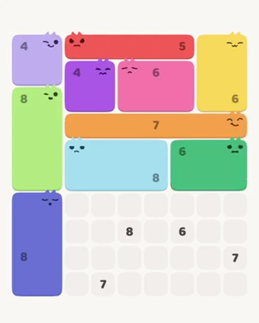 MeowBlock Level 42 after step 10, placing the 6-cell rectangular block at the middle-right area