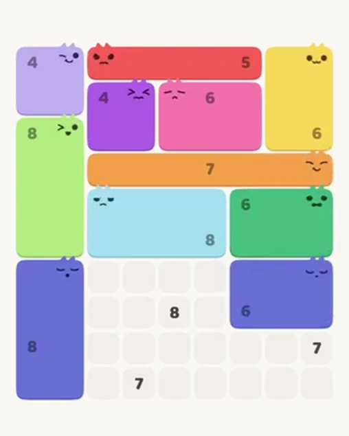 MeowBlock Level 42 after step 11, placing the 6-cell rectangular block at the lower-right area