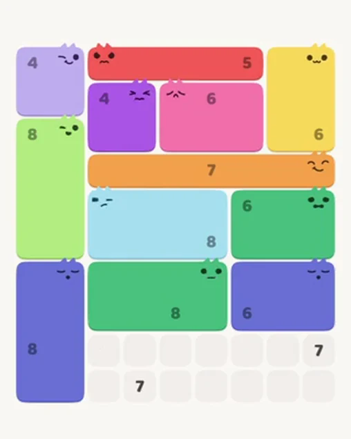 MeowBlock Level 42 after step 12, placing the 8-cell rectangular block at the lower center