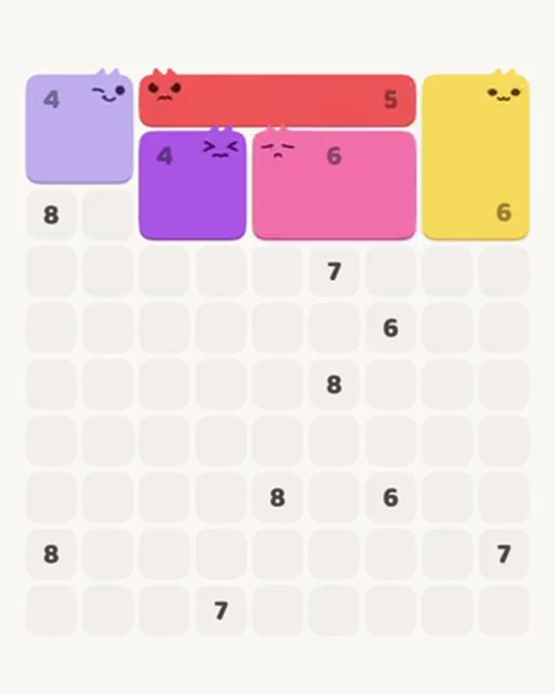 MeowBlock Level 42 after step 5, placing the 6-cell rectangular block at the upper-right area
