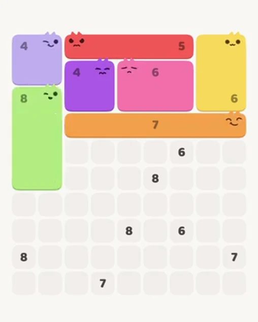 MeowBlock Level 42 after step 7, placing the 8-cell rectangular block at the middle-left area