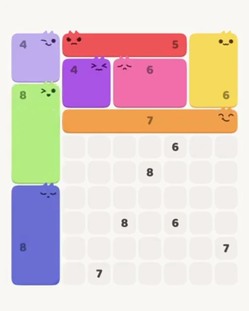 MeowBlock Level 42 after step 8, placing the 8-cell rectangular block at the lower-left area