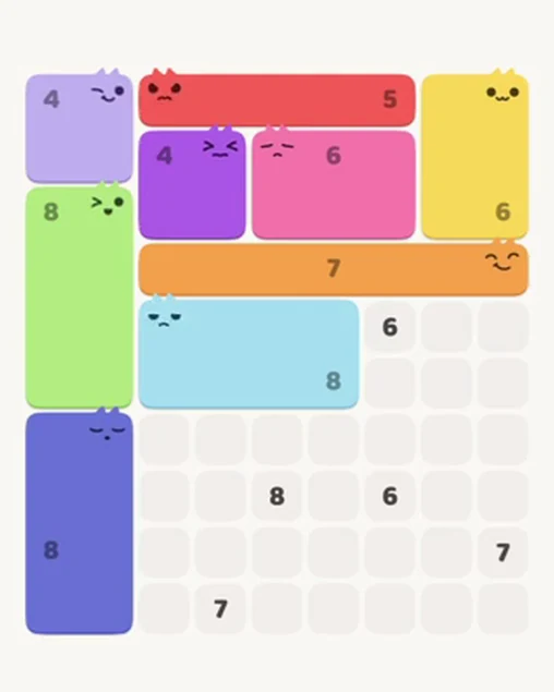MeowBlock Level 42 after step 9, placing the 8-cell rectangular block at the middle center