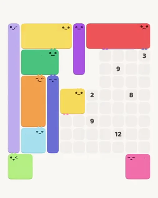 MeowBlock Level 43 after step 11, placing the 4-cell square block at the middle center