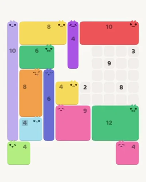 MeowBlock Level 43 after step 13, placing the 12-cell rectangular block at the lower-right area