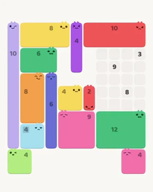 MeowBlock Level 43 after step 14, placing the 2-cell vertical block at the middle center