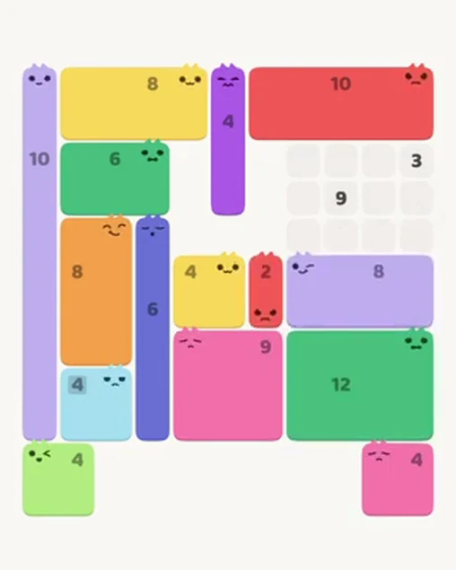 MeowBlock Level 43 after step 15, placing the 8-cell rectangular block at the middle-right area