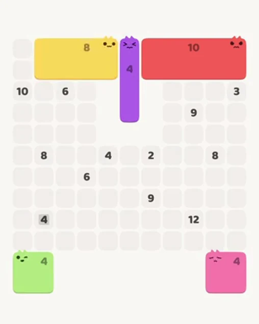 MeowBlock Level 43 after step 5, placing the 8-cell rectangular block at the upper-left area