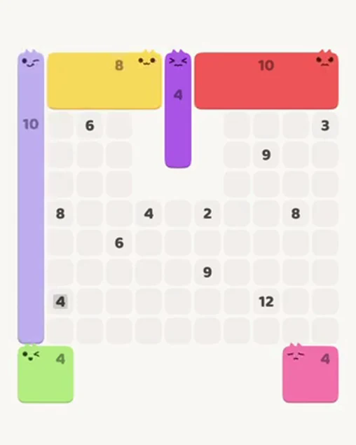 MeowBlock Level 43 after step 6, placing the 10-cell vertical block at the middle-left area