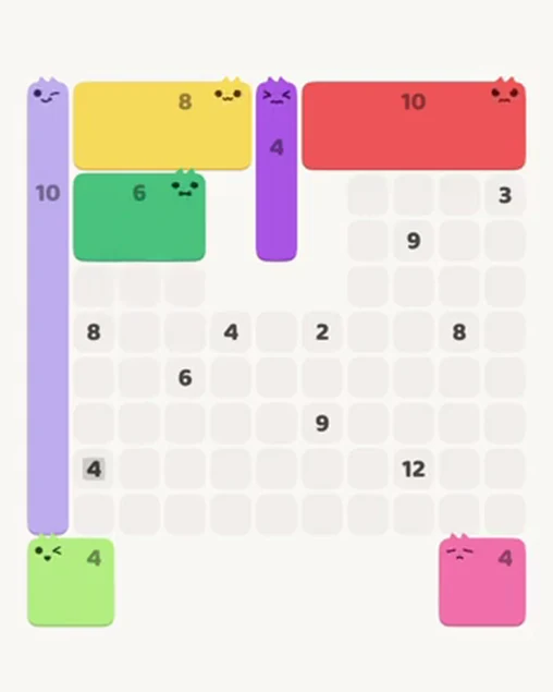 MeowBlock Level 43 after step 7, placing the 6-cell rectangular block at the upper-left area