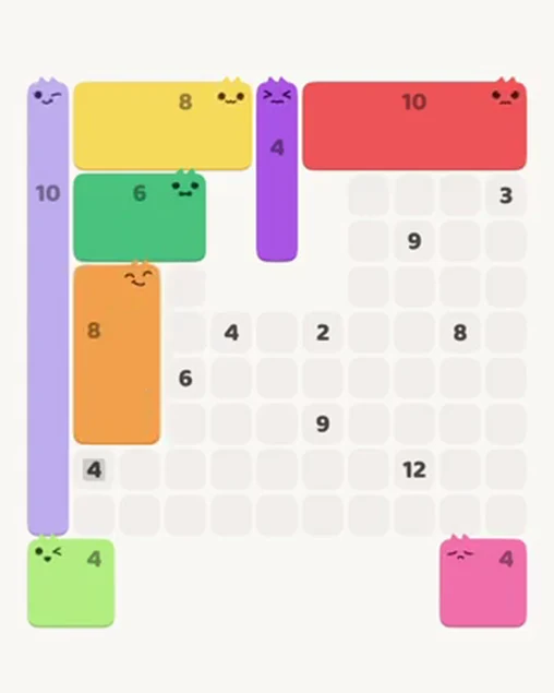 MeowBlock Level 43 after step 8, placing the 8-cell rectangular block at the middle-left area