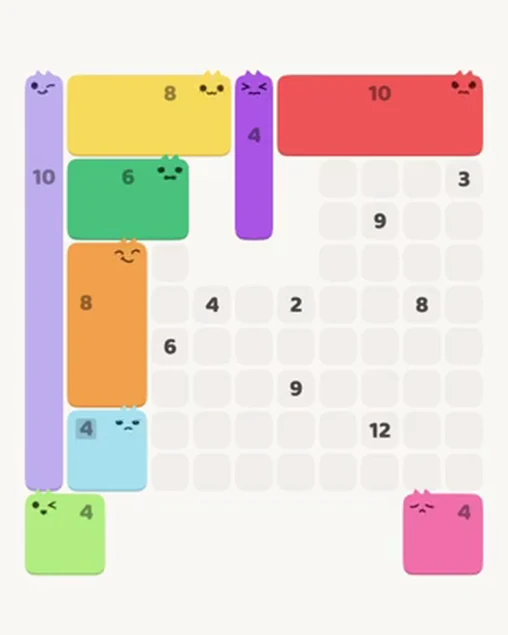 MeowBlock Level 43 after step 9, placing the 4-cell square block at the lower-left area
