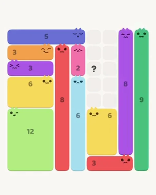 MeowBlock Level 44 after step 12, placing the 8-cell vertical block at the middle-right area