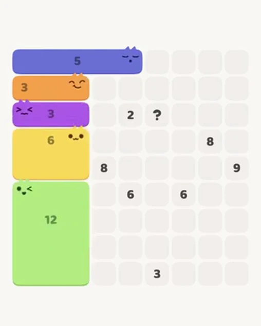 MeowBlock Level 44 after step 5, placing the 12-cell rectangular block at the lower-left area