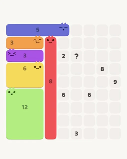 MeowBlock Level 44 after step 6, placing the 8-cell vertical block at the middle center