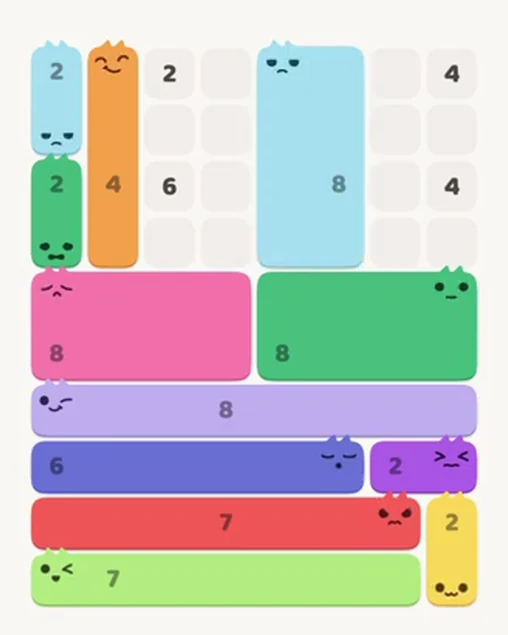 MeowBlock Level 45 after step 12, placing the 8-cell rectangular block at the upper-right area