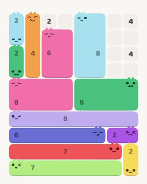 MeowBlock Level 45 after step 13, placing the 6-cell rectangular block at the upper center