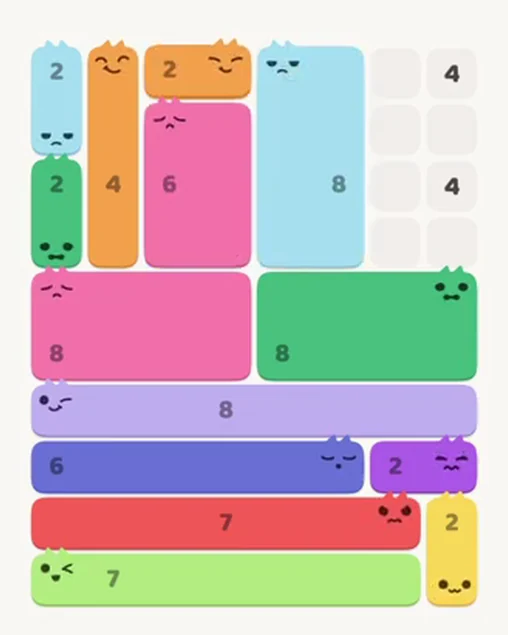 MeowBlock Level 45 after step 14, placing the 2-cell horizontal block at the upper center