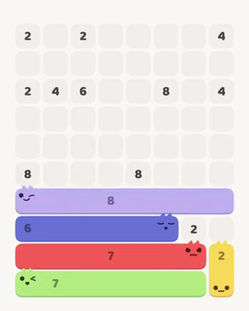 MeowBlock Level 45 after step 5, placing the 8-cell horizontal block at the lower center