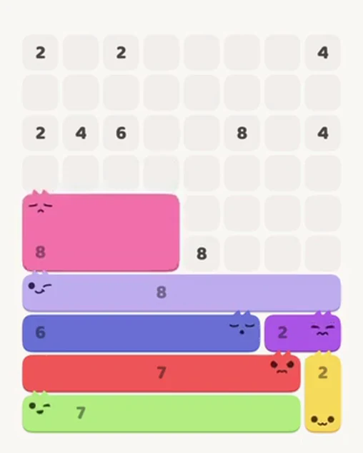 MeowBlock Level 45 after step 7, placing the 8-cell rectangular block at the middle-left area