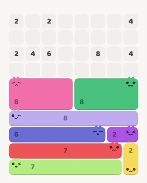 MeowBlock Level 45 after step 8, placing the 8-cell rectangular block at the middle-right area