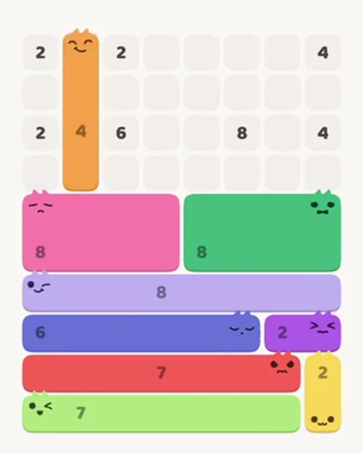 MeowBlock Level 45 after step 9, placing the 4-cell vertical block at the upper-left area