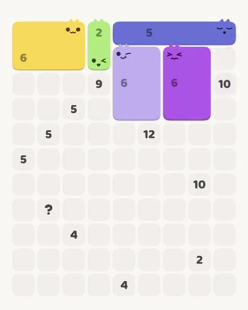 MeowBlock Level 46 after step 5, placing the 6-cell rectangular block at the upper-right area