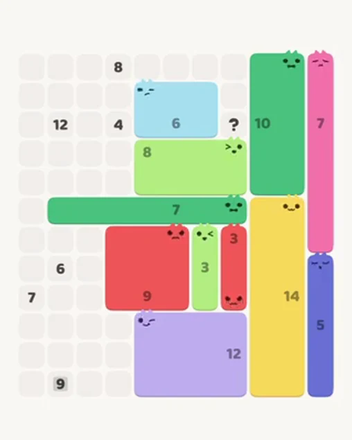 MeowBlock Level 47 after step 11, placing the 6-cell rectangular block at the upper center