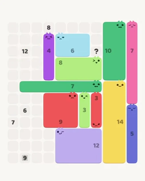 MeowBlock Level 47 after step 12, placing the 4-cell vertical block at the upper center