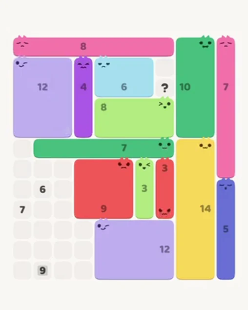 MeowBlock Level 47 after step 14, placing the 12-cell rectangular block at the upper-left area