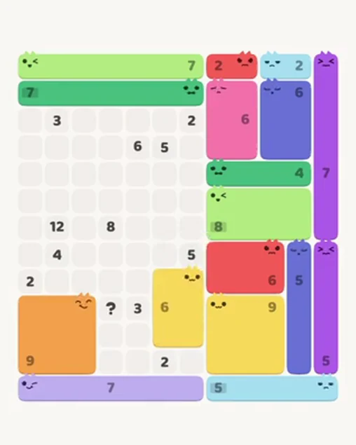 MeowBlock Level 48 after step 17, placing the 6-cell rectangular block at the lower center
