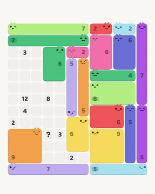 MeowBlock Level 48 after step 21, placing the 6-cell rectangular block at the upper center