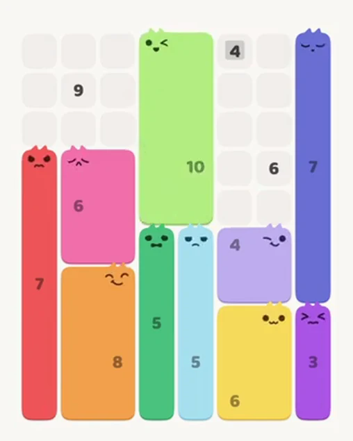MeowBlock Level 49 after step 10, placing the 10-cell rectangular block at the upper center