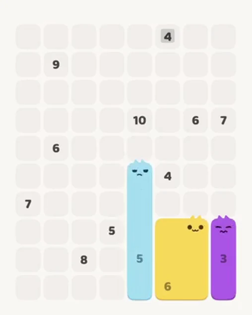 MeowBlock Level 49 after step 3, placing the 5-cell vertical block at the lower center