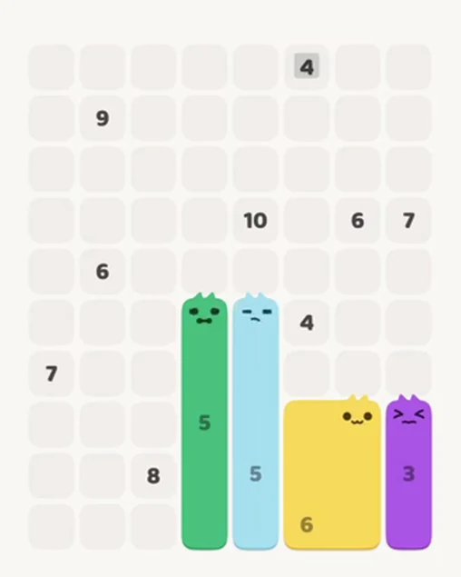 MeowBlock Level 49 after step 4, placing the 5-cell vertical block at the lower center