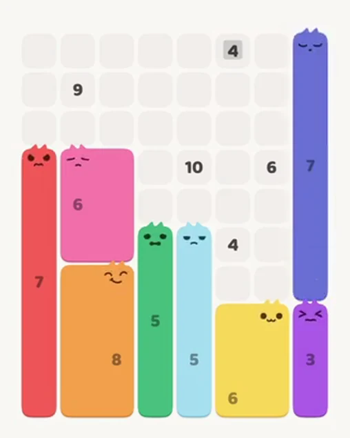 MeowBlock Level 49 after step 8, placing the 7-cell vertical block at the middle-right area